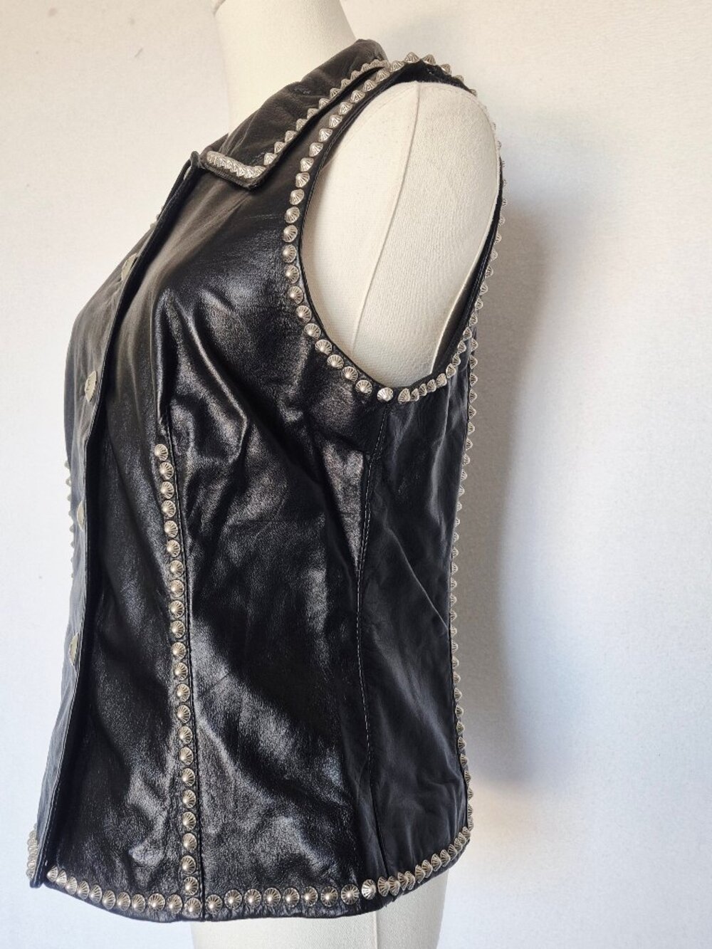 Double D Rance 100% Leather Studded Western Vest Silver Button Black - Picture 7 of 16